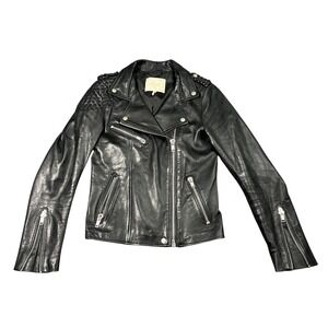 Maje Women's FR 40 Madone Black Lamb Leather Moto Biker Jacket Quilted Shoulders